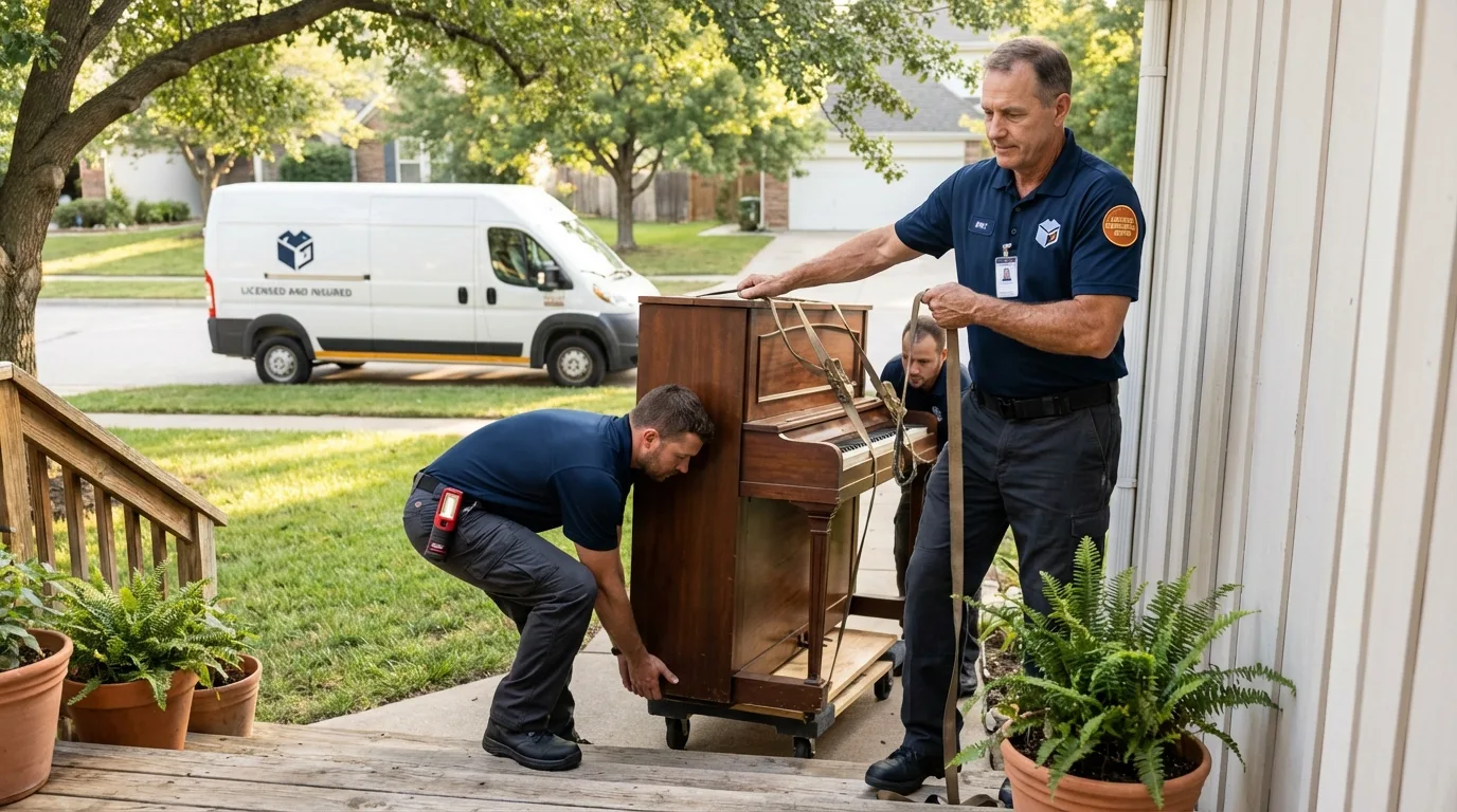 Licensed piano movers securing grand piano in White River, SD