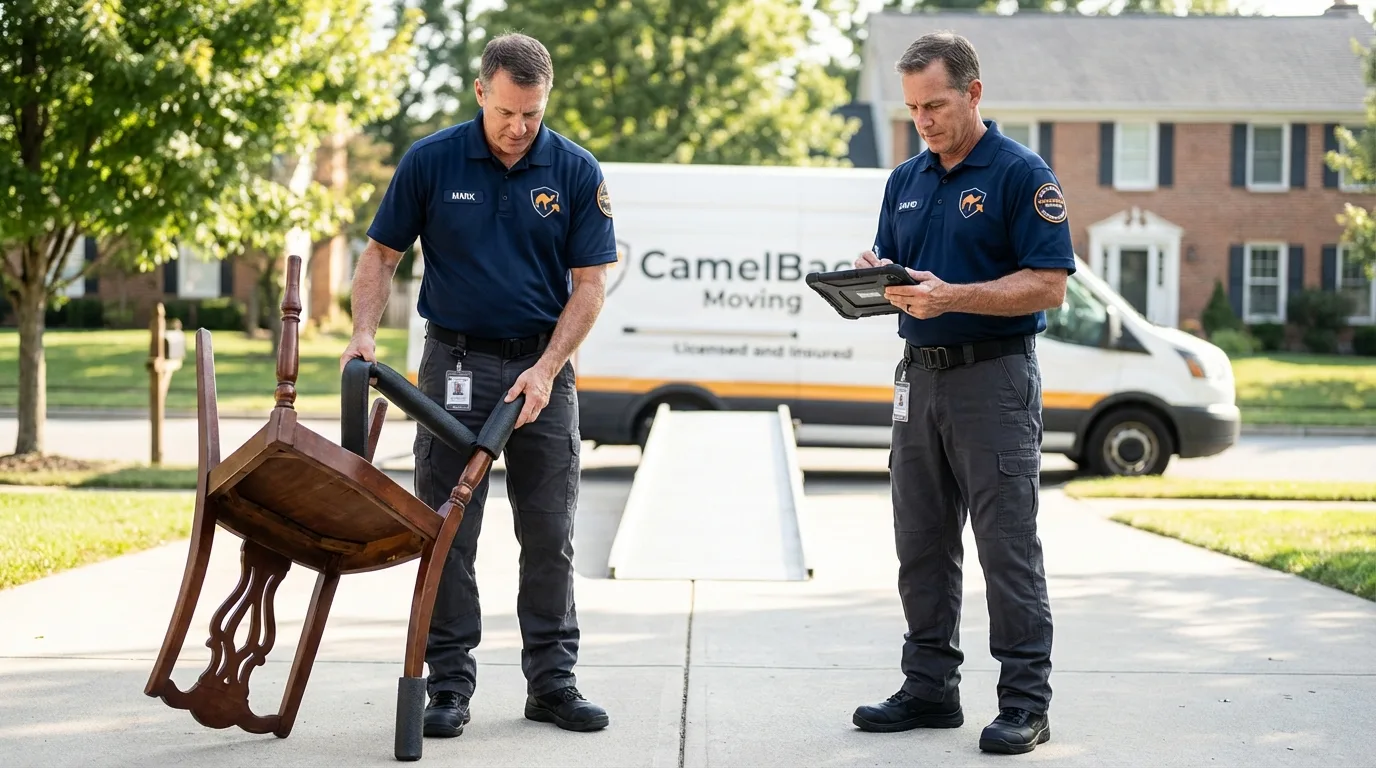 Movers inspecting furniture for damage prevention before loading in White River, SD
