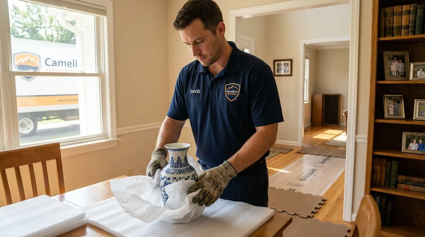 Professional crew carefully wrapping antique vase for senior downsizing move in White River, SD
